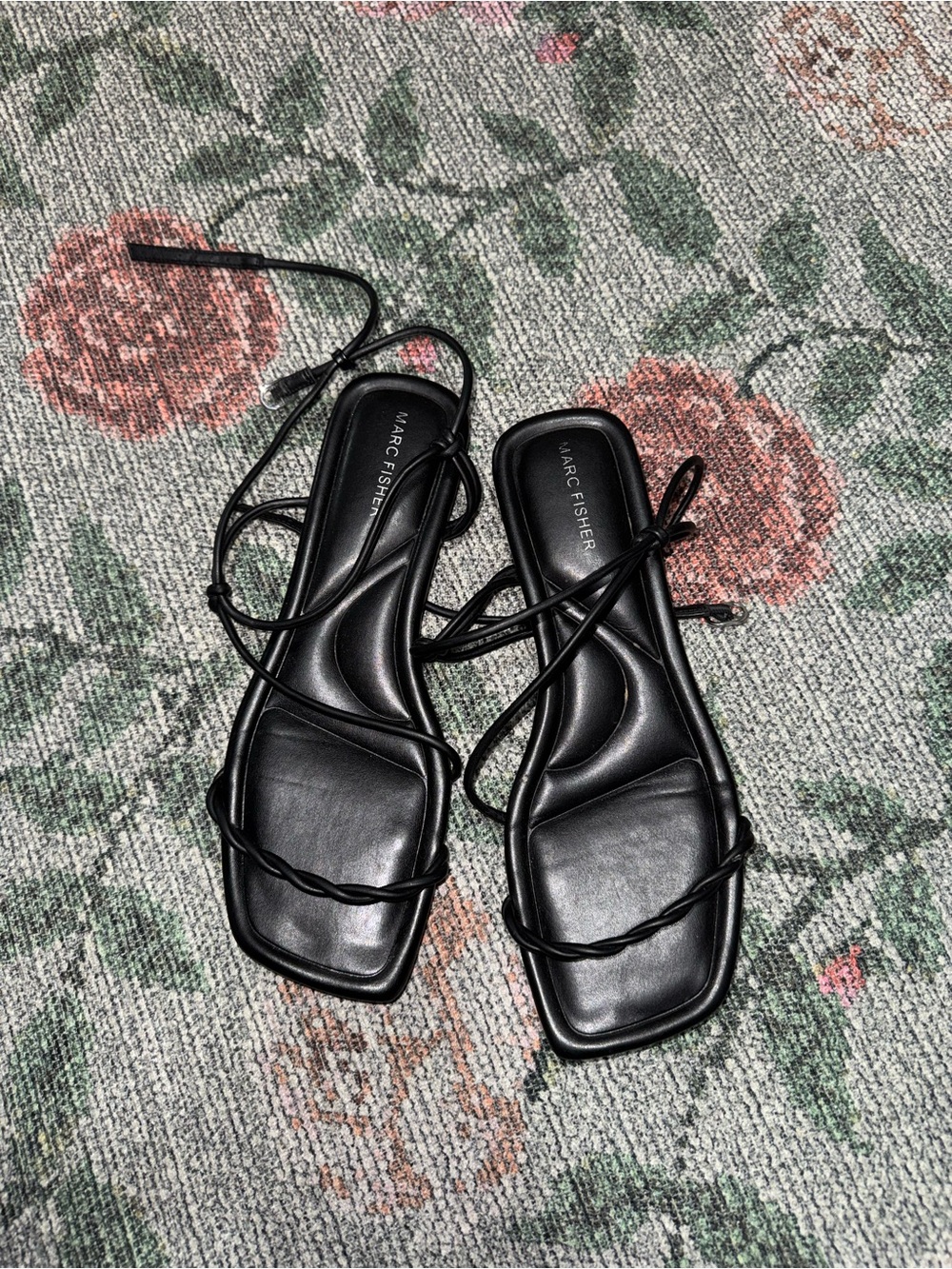 Marc Fisher Black Strappy Square-Toe Lace-Up Sandals